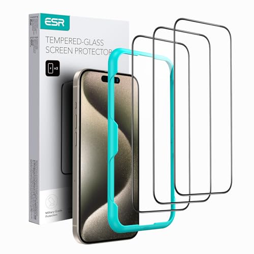 ESR 3 Pack For iPhone 15 Pro Max Tempered Glass Full Screen Protector, 2.5D Curved Edges, Full-Coverage Military-Grade Protection, Scratch Resistant Screen Guard